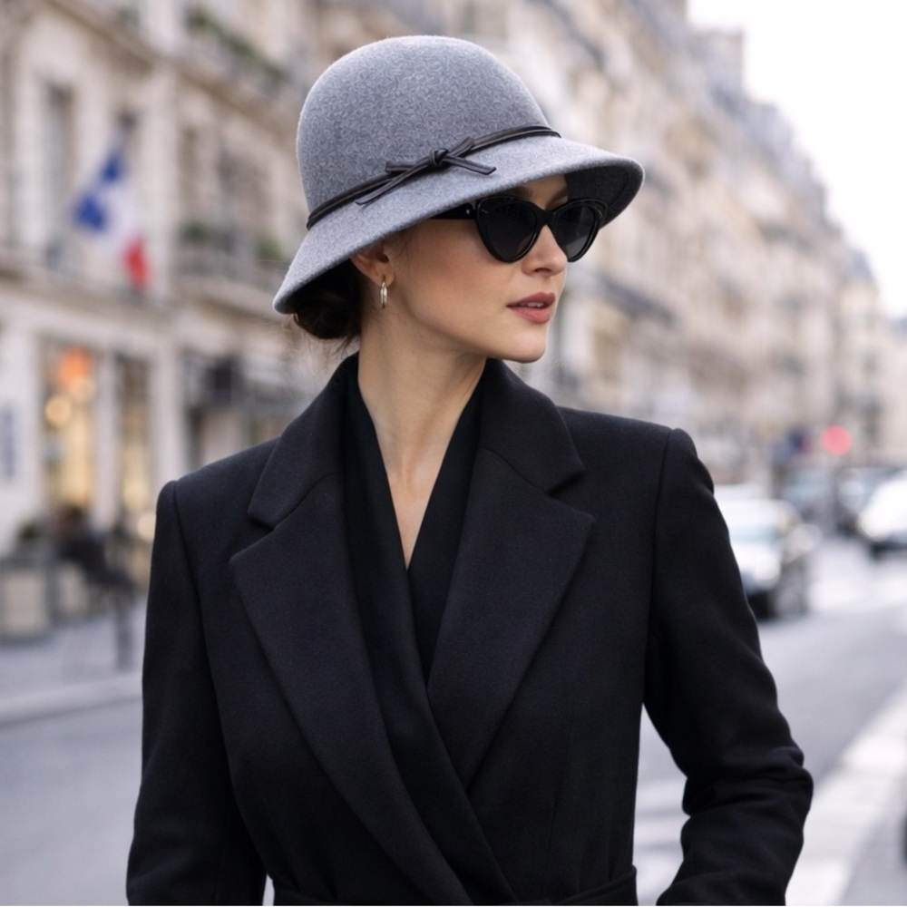 Women’s Gray Cloche Hat with Faux Leather Tie | Parisian Vintage Style